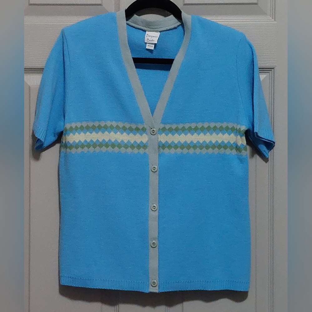 Benjamin Bodin Blue Cardigan with Argyle Print Size Medium